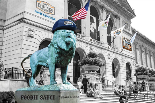 Art Institute of Chicago lion wearing a Vito's Chicago Foodie Sauce cap